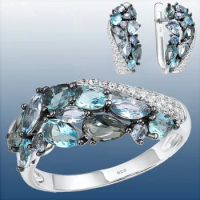 Aquamarine Crystal Moissanite Jewelry Set Bridal Wedding Engagement Ring Earrings Set Mother's Day Gift Jewelry Joyas Para Damas