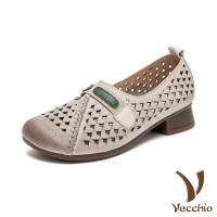【Vecchio】真皮跟鞋 縷空跟鞋 低跟跟鞋/真皮頭層牛皮縷空愛心圖樣舒適圓頭低跟鞋(米)