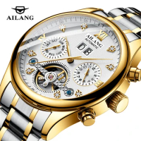 AILANG Top Brand Men's Watches Stainless Steel Classic Skeleton Tourbillon Mechanical Watch for Man 30M Waterproof Wristwatch