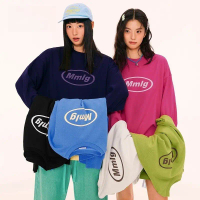 T-Shirt Gaya Korea Fashion Trendi Merek Leher Bulat Blus Wanita Dicetak Lengan Panjang Hitam Pendek 