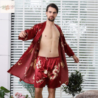 情侶絲綢印花睡袍 中國風女士睡衣 男士長袖紡真絲浴袍88007-2
