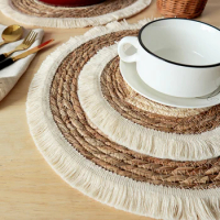 Bohemian Straw Woven Tassel Dining Mat Grass Knitted Placemats Thick Mat Round Coffee Mat Tray Pad Wedding Dinning Table Decor