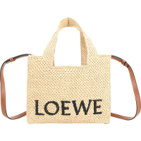 LOEWE Font 小型 字母酒椰纖維編織手提/斜背托特包(棕色皮革)