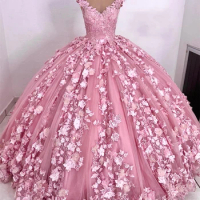 Hand Make Luxury Light Pink Lace Flowers Appliques Quinceanera Dress 2024 High Neck Ball Gown Charro Mexican Dress vestido de 15
