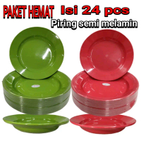 PAKET HEMAT isi 24 pcs Piring tebal semi melamin hijau merah kitchenware souvenir  mangkok mangkok  