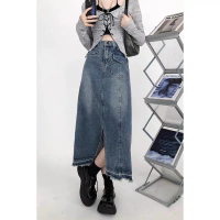 Chân váy jean dài xẻ lai túi hộp phong cách retro , dài 87cm Váy chữ A cv jean dáng suông chanvay mi