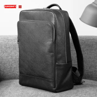 Fashion Brand Genuine Leather Men's Backpack Large Capacity Computer Backpack Soft Black Leather Laptop Schoolbag Shoulder Bags