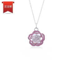 二手品 Tiffany&amp;Co.粉紅琺瑯山茶花925純銀項鍊