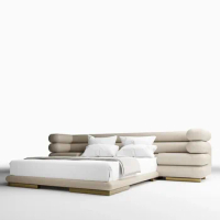 Italian Velvet Fabric Luxury Modern Double Beds King Size Queen Size Bed Frame Beige Bedroom Furniture Wedding Bed Set