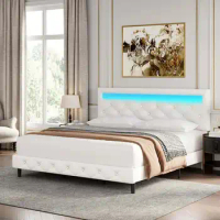 Queen Size LED Platform Bed Frame Adjustable Headboard White Upholstered Crystal, Sturdy and Durable &amp; No Noise, Easy Assembly