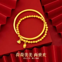 Plated 100% Real Gold 24k Pure Bangle Bracelet Women's Two-life Happy Color Lotus Flower Net Red the Same Style Pure 18k 999 Gol