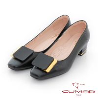 【CUMAR】小方頭簡約方式釦低跟粗跟鞋(黑)