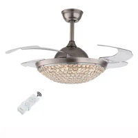42 Inch Remote Crystal Ceiling Fan with Light 4-Blade Silver LED Dimmable Chandelier Color Changeable for Living Room