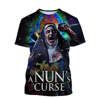 T-shirt “The Nun” dengan corak kulit seram, cetakan 3D gaya streetwear, fesyen untuk lelaki dan wani