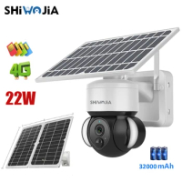 SHIWOJIA 4G SIM Card Solar Camera 4X Zoom 22W Solar Pane Outdoor Security Surveillance 32000mA Batterys Garden Lights CCTV