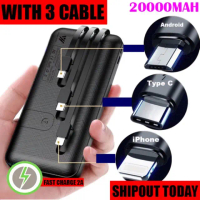 20000mAh Powerbank Portable 3 Output Built In Cable Power Bank Micro USB I OS Type C