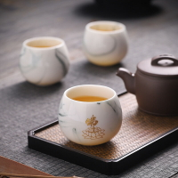 陶福氣 水墨茶杯個人專用陶瓷羊脂玉禪語主人杯單杯免費LOGO定制