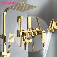 Gold Bathroom Shower Set Senducs Stainless Steel Rainfall Shower Head Quality Brass Bathtub Mixer Tap Thermostatic Shower Sets