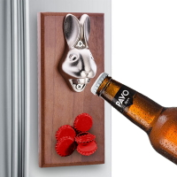 墻壁掛式木座啤酒開瓶器復古啟瓶器兔子頭酒吧起子金屬磁鐵冰箱貼