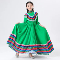 Girl Traditional Mexican Folk Dancer Dress for Kid National Mexico Style Ethnic Dance Dress Costume Bohemia Long