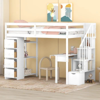 Twin size Loft Bed with Storage Drawers ,Desk and Stairs, Wooden Loft Bed with Shelves, Solid Construction, White