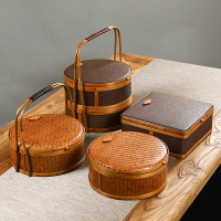 手工竹編收納筐 中式復古手提盒 茶餅盒 茶具收納筐竹籃果籃 食盒