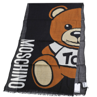 MOSCHINO 義大利製大品牌TOY小熊LOGO 100%薄羊毛圍巾(黑色系)