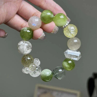 [Qingzhi Yulu] สร้อยข้อมือคริสตัลธรรมชาติ ซิ่วหยู กรีนแฟนทอมควอตซ์ โกลเด้นรูไทเลตควอตซ์ ลายเกล็ดหิมะ