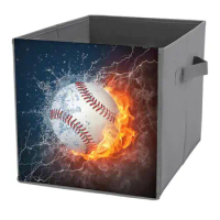 Baseball in Fire and Water Storage Bins with Handles Foldable Storage Baskets Organizer Boxes Cube Closet for Home Shelves 11in