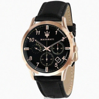 【MASERATI 瑪莎拉蒂】MASERATI手錶型號R8871625004(黑色錶面玫瑰金錶殼深黑色真皮皮革錶帶款)