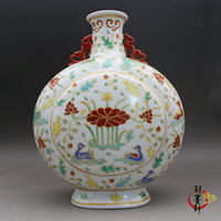 明成化素三彩鴛鴦戲水紋 扁瓶花瓶 古玩古董陶瓷器仿古瓷收藏擺件