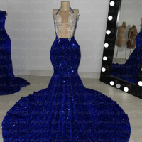 Sparkly Royal Blue Prom Dresses Sexy Crystal Sheer Top Halter Neck Mermaid Sequins Girl Formal Graduation Evening Gowns Black Y2
