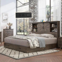 King Size Wood Platform Bed Frame with 51.2" Bookcase Headboard, Storage Bed with Sliding Barn Door Charging Station 2 Drawers
