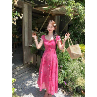 Berry Party Romantic Dopamine Rose Red Tie-Dye Embroidered Floral Waist-Cinching Dress