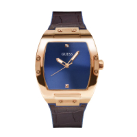 【GUESS】玫瑰金框 藍面 酒桶錶造型 藍色矽膠錶帶+咖啡皮革表面 男錶 手錶 母親節(GW0386G2)