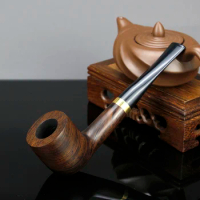 New Straight Tobacco Pipe 9mm filter Ebony Wood Pipe Handmade Metal Ring Smoking Pipe Vintage Smoke Pipe Accessory