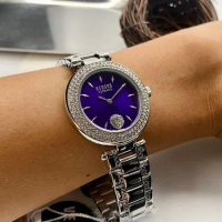 VERSUS VERSACE36mm圓形銀精鋼錶殼紫藍錶盤精鋼銀色錶帶款VV00366