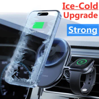 Ice Cold 2 In 1 Magnetic Car Wireless Charger Car Mount Phone Holder For iPhone 12 13 14 Apple Watch Car Fast Charging Station