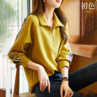 【初色】翻領方格肌理感設計條紋長袖POLO衫T恤上衣女上衣-黃色-30481(M-2XL可選)