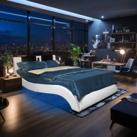 Queen Size Bed,Faux Leather Upholstered Platform Bed Frame with led lighting,Backrest vibration massage,Wood Slat Support,White