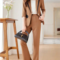 ENjoyce Women Professional Suit Blazer and Pants 2 Pieces Set Workwear Business Interview Formal Seven Quarter Sleeve Slim Suits