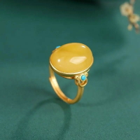 黃玉琥珀綠松石中國風鍍金戒指個性復古吉祥如意開口指環女