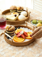 越南藤編托盤水果籃烘焙藤籃零食點心盤日式編織竹編早餐面包籃子