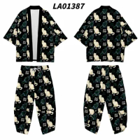 Cat Print Chinese Style 2pcs Suit Loose Japanese Samurai Harajuku Kimono Cardigan Women Men Cosplay Yukata Tops Pants Set