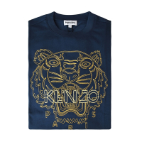 KENZO黃字LOGO刺繡虎頭標誌純棉圓領短袖T恤(男款/深藍)