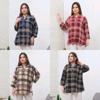 Kemeja wanita Motif Kotak-Kotak Bahan Rayon Premium LD 110 // LD 120 Kancing 3 - Lengan kancing // F