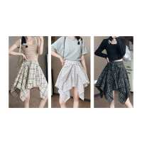 Skirt Berpetak Tidak Teratur, Gaya Gyaru Retro, Untuk Wanita, dengan Baju Pinggang Tinggi, Skirt Ber