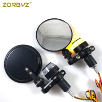 ZORBYZ 22mm Motorcycle Fold Aluminum Round Handle Bar End Rearview Side Mirror With LED Turn Signal Strobe Side Marker Light