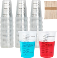 100 PACK Plastic Measuring Cups 8 oz Mixing Cups with 100 Wooden Mixing Sticks Can Be Used for Epoxy