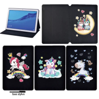 Folding Case for Huawei MediaPad M5 Lite 8/T5 10 10.1 Inch/T3 8.0/T3 10 9.6" Unicorn Pattern Leather Tablet Stand Cover + Stylus